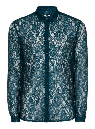 Topman Mens Blue Teal Lace Casual Shirt