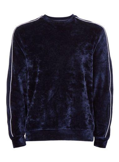 Topman Mens Blue Navy Velour Piped Sweatshirt
