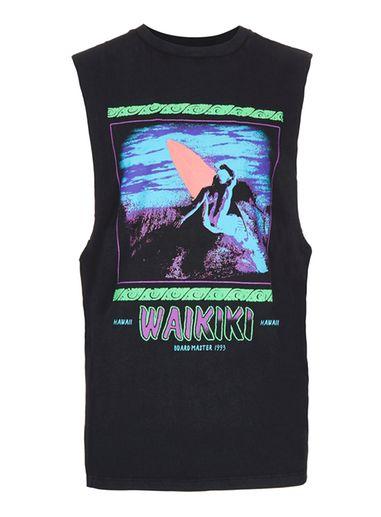 Topman Mens Washed Black Waikiki Print Tank Top