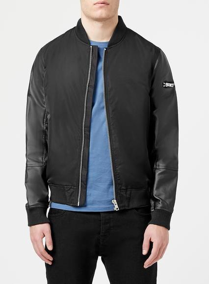 Topman Mens Black Bomber Jacket With Faux Leather Sleeves