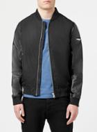 Topman Mens Black Bomber Jacket With Faux Leather Sleeves