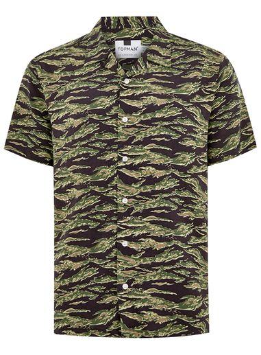 Topman Mens Khaki Camouflage Tiger Short Sleeve Shirt