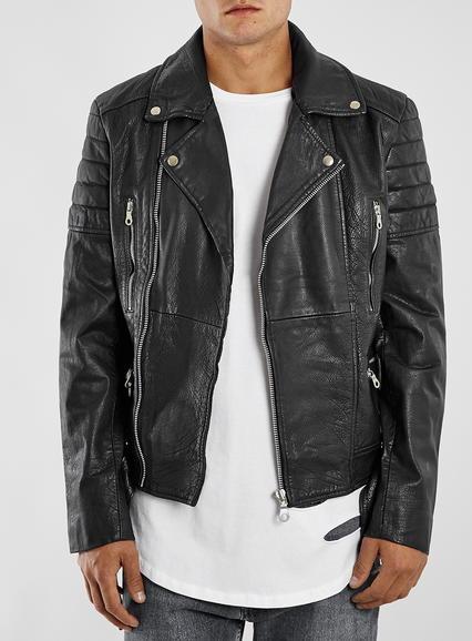 Topman Mens Black Belted Leather Biker Jacket*