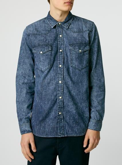 Topman Mens Blue Acid Wash Denim Long Sleeve Casual Shirt