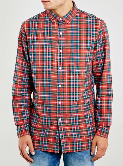 Topman Mens Red Tartan Long Sleeve Casual Shirt