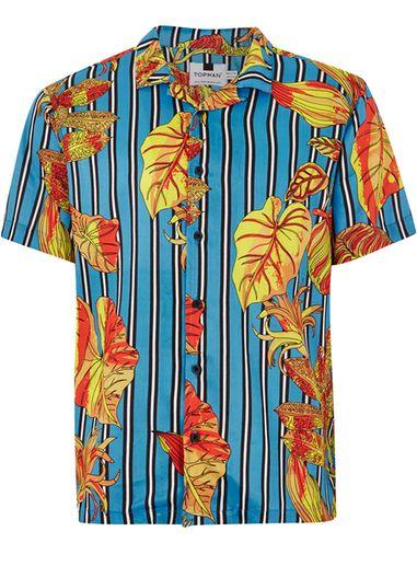 Topman Mens Blue Striped Leaf Short Sleeve Shirt