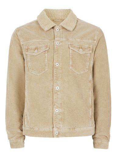 Topman Mens Brown Stone Faux Shearling Collar Corduroy Jacket