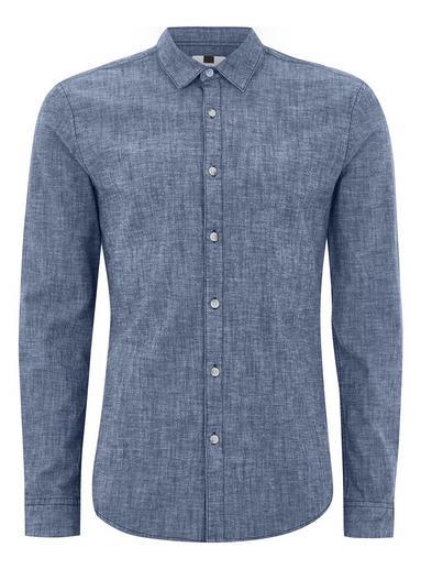 Topman Mens Blue Denim Chambray Muscle Long Sleeve Shirt
