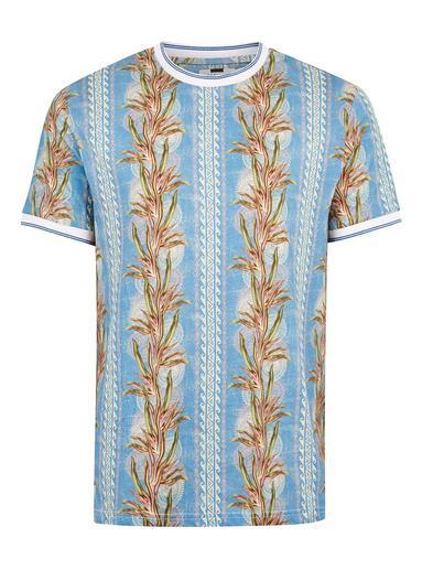 Topman Mens Blue 'palm' Floral Stripe T-shirt
