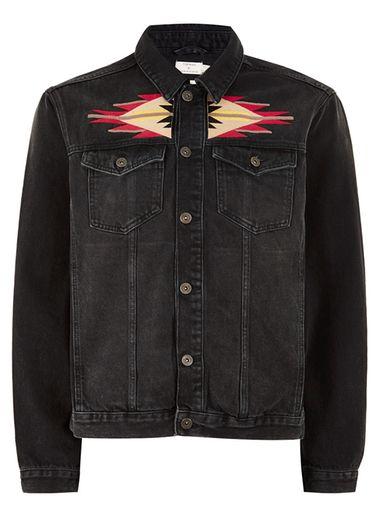 Topman Mens Black Embroidered Denim Jacket