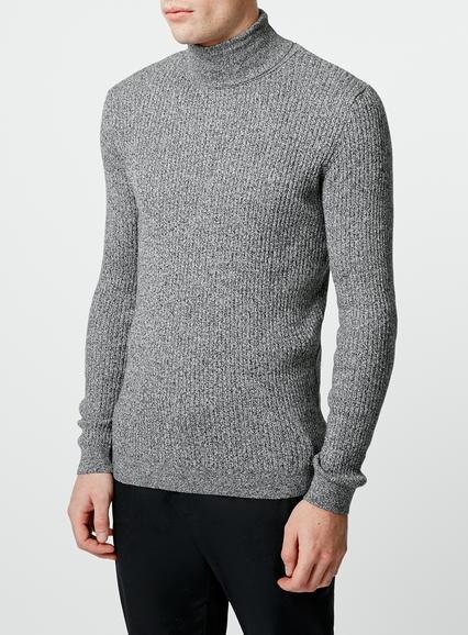 Topman Mens Mid Grey Salt And Pepper Wide Rib Roll Neck Sweater