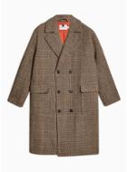 Topman Mens Brown Check Double Breasted Overcoat