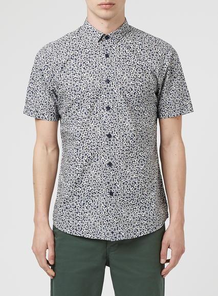Topman Mens Brown Stone And Blue Floral Print Short Sleeve Dress Shirt