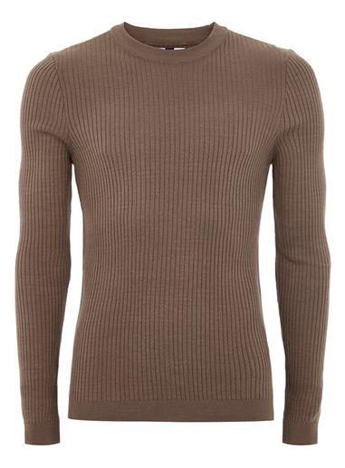 Topman Mens Brown Ribbed Muscle Fit Sweater