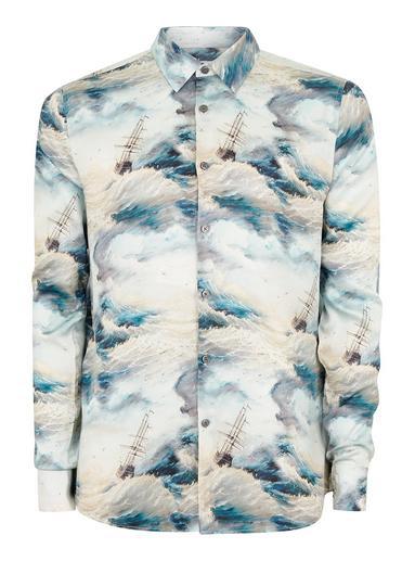 Topman Mens Grey Premium Rough Tides Long Sleeve Shirt