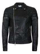 Topman Mens Black Quilted Leather Biker Jacket*