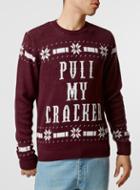 Topman Mens Red Burgundy Pull My Cracker Christmas Sweater