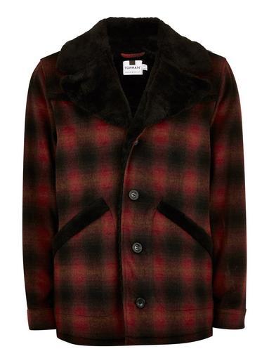 Topman Mens Multi Red Check Faux Fur Lined Jacket