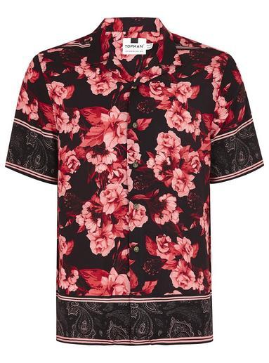 Topman Mens Multi Red Tropical Floral Palm Print Short Sleeve Shirt