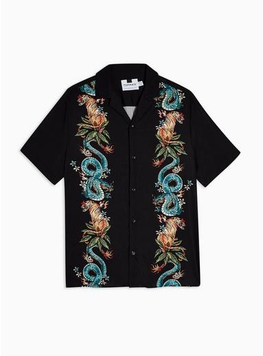 Topman Mens Black Snake And Tiger Yin And Yang Revere Shirt