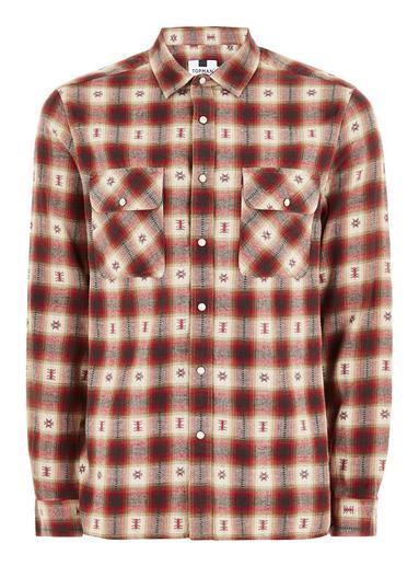 Topman Mens Multi Red And Grey Dobby Check Long Sleeve Shirt