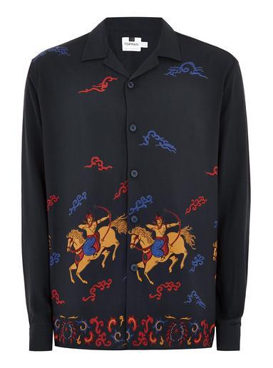 Topman Mens Navy Horses Revere Long Sleeve Shirt