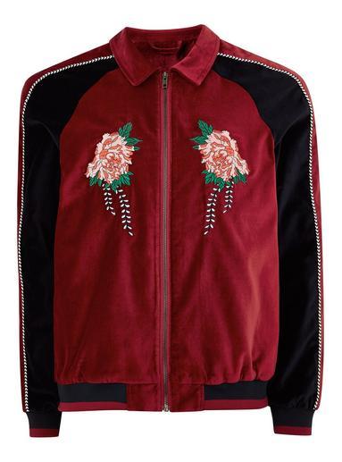 Topman Mens Red Faux Suede Zip Through Jacket With Embroidery