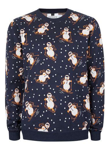 Topman Mens Navy Retro Snowman Ugly Sweater