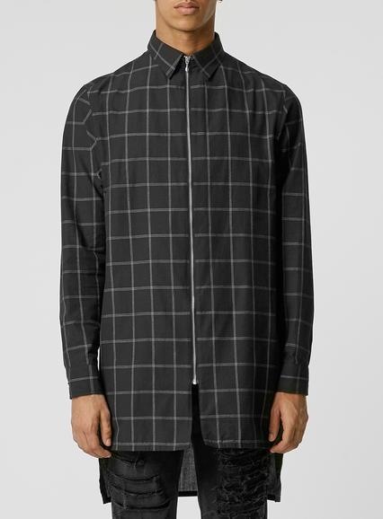 Topman Mens White Aaa Black Plaid Longline Zip Shirt