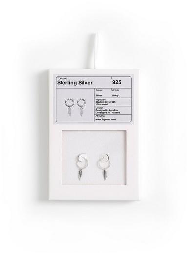 Topman Mens Silver Feather Hoop Earrings