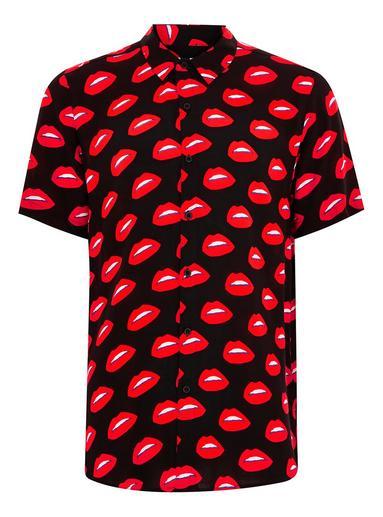 Topman Mens Black Lips Motif Short Sleeve Shirt