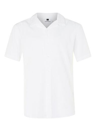 Topman Mens White Textured Stripe Revere Collar Short Sleeve Casual Shirt