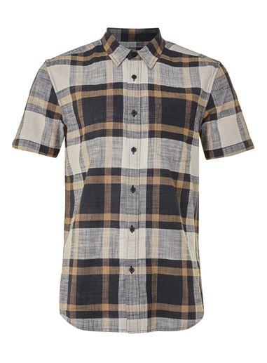 Topman Mens Blue Navy And Brown Check Short Sleeve Casual Shirt