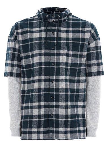 Topman Mens Blue And Gray Check Hooded Shirt