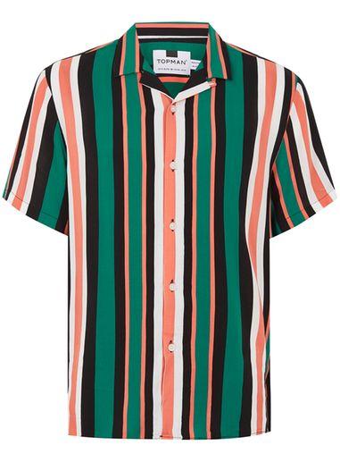Topman Mens Green And Orange Stripe Revere Shirt