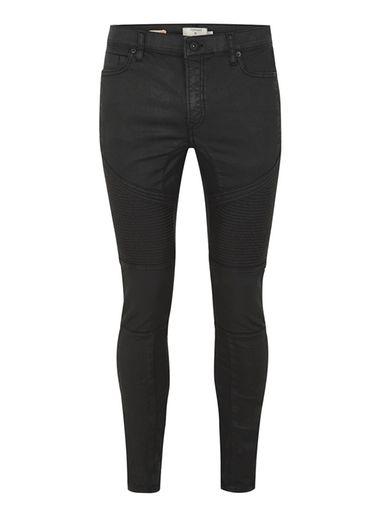 Topman Mens Black Leather Look Biker Spray On Jeans