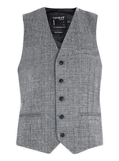 Topman Mens Mid Grey Gray Textured Wool Blend Suit Vest