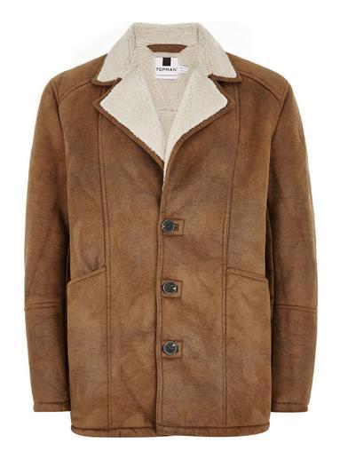 Topman Mens Brown Tan Faux Shearling Jacket