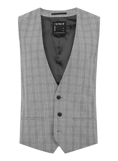 Topman Mens Mid Grey Gray And Black Check Muscle Fit Suit Vest
