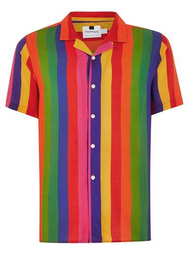 Topman Mens Multi Rainbow Stripe Short Sleeve Shirt