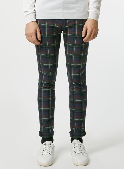 Topman Mens Blue Green Tartan Stretch Skinny Pants
