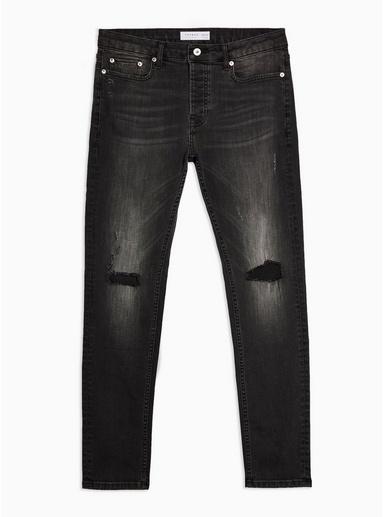 Topman Mens Blue Washed Black Skinny Rip Flap Jeans