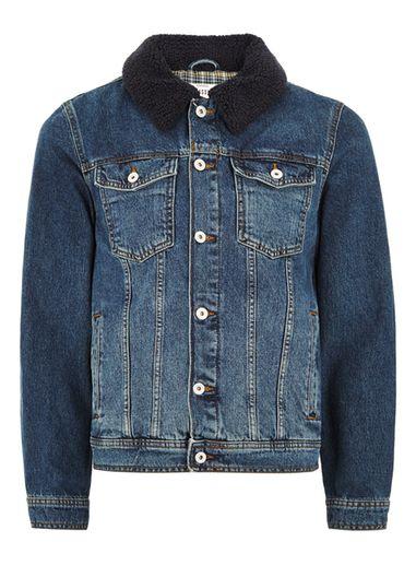 Topman Mens Blue Mid Wash Navy Borg Collar Jacket