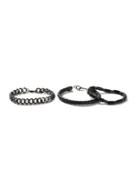 Topman Mens Gunmetal Look And Black Faux Leather Chain Bracelet Pack*