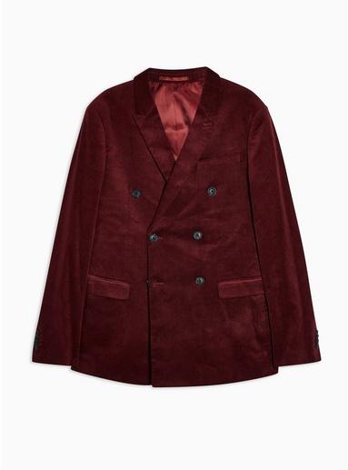 Topman Mens Red Burgundy Corduroy Double Breasted Super Skinny Fit Blazer With Peak Lapels