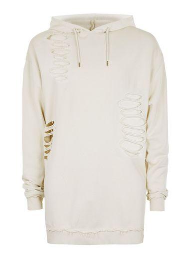 Topman Mens White Extreme Ripped Oversized Hoodie