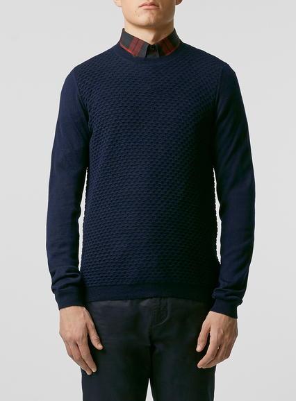 Topman Mens Blue Navy Texture Merino Crew Neck Sweater
