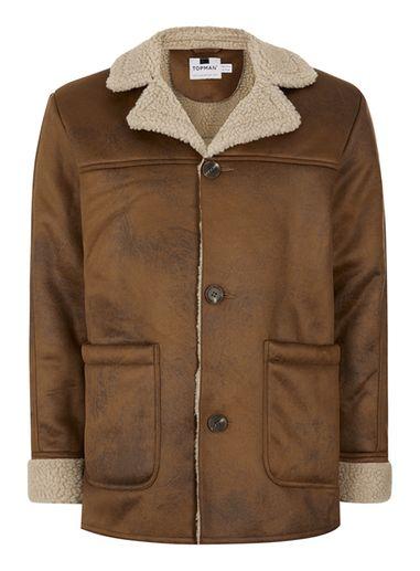 Topman Mens Brown Camel Faux Shearling Coat