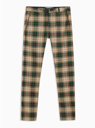 Topman Mens Multi Green, Red And Stone Check Trousers