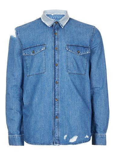 Topman Mens Blue Extreme Ripped Denim Shirt